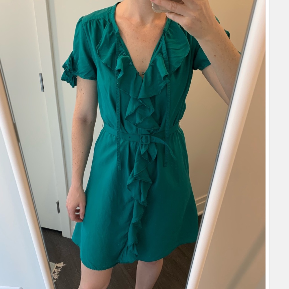 Lil Green Silk Ruffled Shirtdress